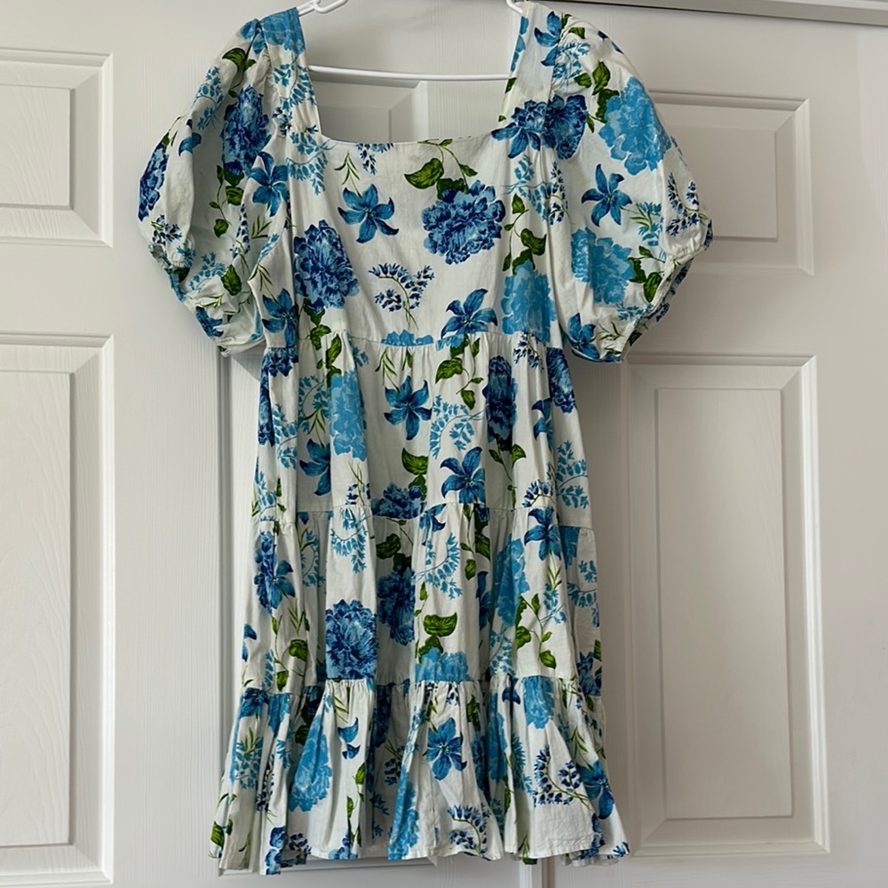 Floral Blue and Green Women's short dress. 
Length approximately 36 inches long.